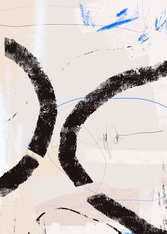  – Peinture avec des lignes épaisses abstraites en bleu et noir sur un fond beige avec texture de peinture