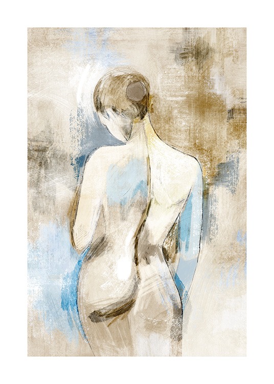  – Peinture d’une femme nue vue de dos, sur un fond bleu et beige