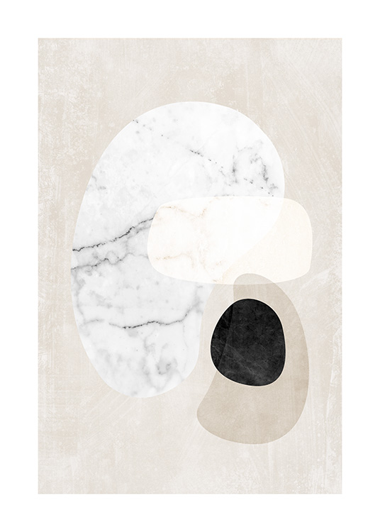  – Illustration graphique avec des formes abstraites en marbre en blanc, noir et beige sur un fond beige