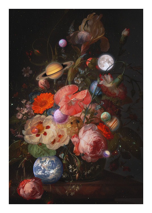  – Peinture avec un bouquet de fleurs et des planètes sur un fond gris foncé