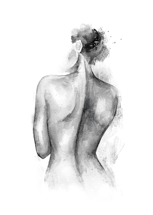  – Peinture à l’aquarelle grise du dos d’une femme nue sur un fond blanc