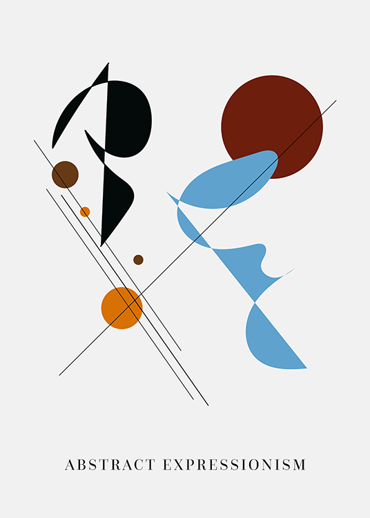  – Illustration graphique avec des lignes et des formes abstraites en marron, bleu et noir sur un fond gris clair