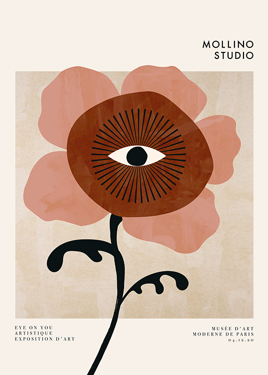  – Illustration graphique d’une fleur en marron et rose avec un œil au centre sur un fond beige