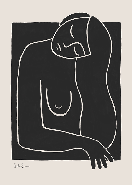  – Illustration graphique en art linéaire du haut du corps d’une femme nue dessiné en noir et blanc sur un fond beige