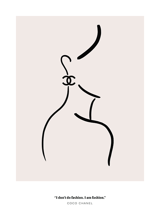 – Illustration d’une femme en art linéaire portant une boucle d’oreille Chanel et une citation de Coco Chanel en bas
