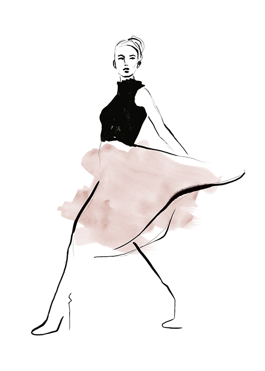  – Illustration d’une femme dans une jupe rose et un corsage noir sur un fond blanc