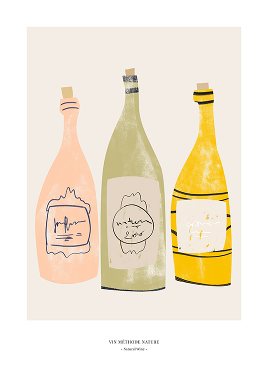  – Illustration graphique de bouteilles de vin rose, verte et jaune sur un fond beige et du texte en bas