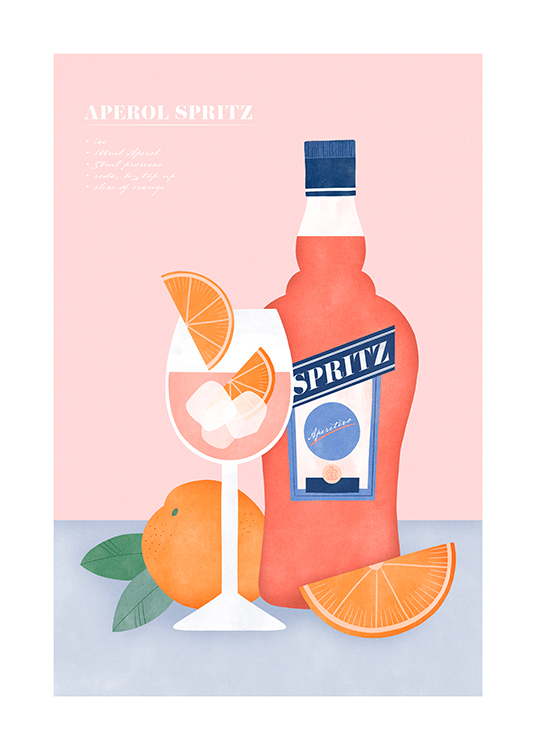  – Illustration graphique d’une bouteille d’Aperol Spritz et d’oranges sur un fond bleu et rose avec une recette en haut