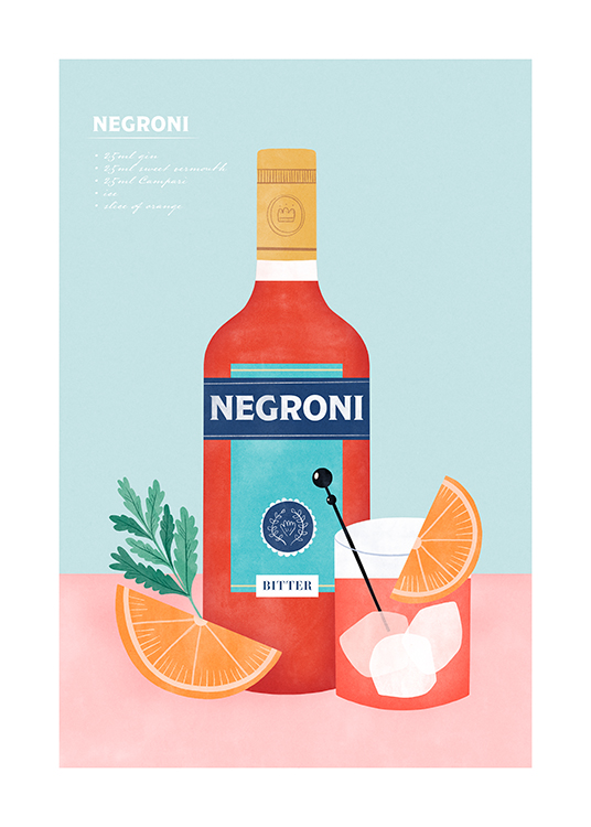  – Illustration graphique d’une bouteille de Negroni rouge et d’un verre sur un fond bleu et rose, avec une recette au-dessus