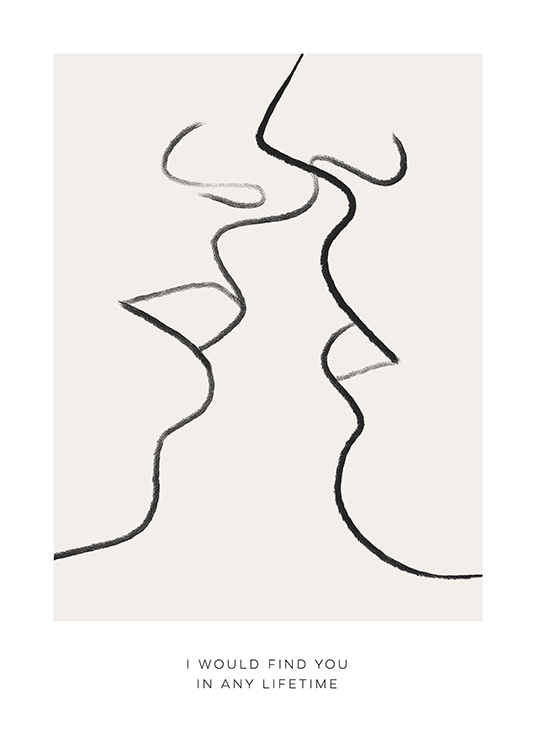  – Illustration avec deux visages en art linéaire sur le point de s’embrasser, en noir sur un fond beige avec du texte dessous