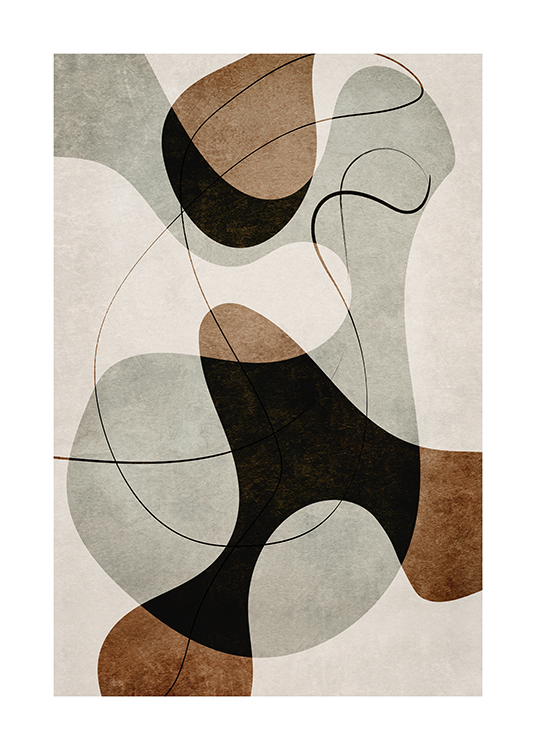  – Illustration graphique avec des formes abstraites et des lignes en marron et gris sur un fond beige