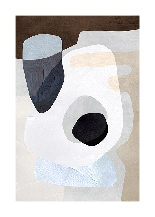  – Peinture avec des formes abstraites en gris, beige, bleu et blanc avec une structure de coups de pinceau