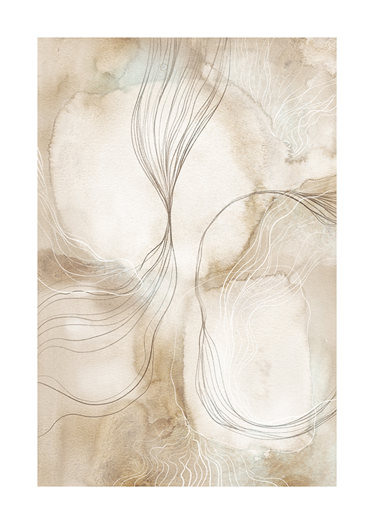  – Illustration avec des traits abstraits en gris et blanc sur un fond beige à l’aquarelle