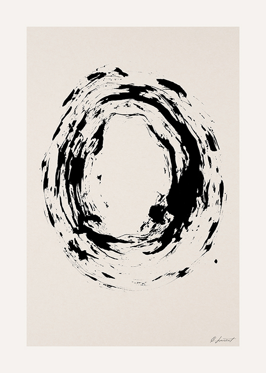  – Peinture avec un cercle peint en noir avec une structure irrégulière, sur un fond beige