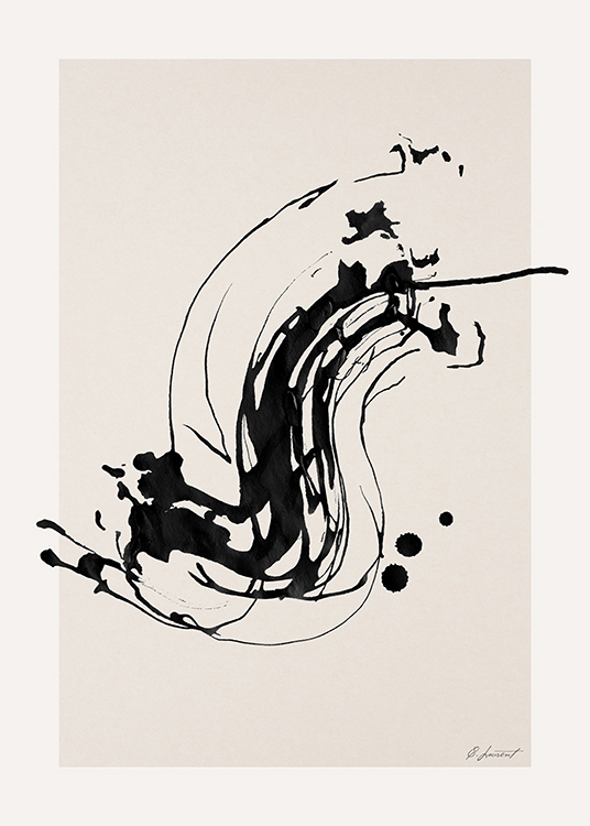  – Peinture avec une figure abstraite en noir, éclaboussures de peinture sur un fond beige