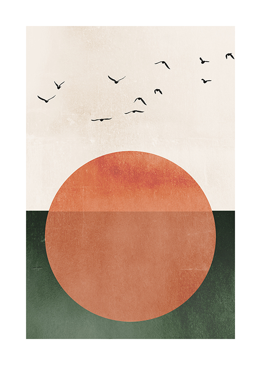  – Illustration graphique d’un grand soleil orange avec des oiseaux au-dessus, sur un fond beige et vert