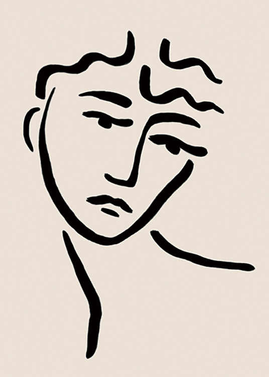  – Illustration avec un visage dessiné au trait noir, avec des lignes épaisses sur un fond beige