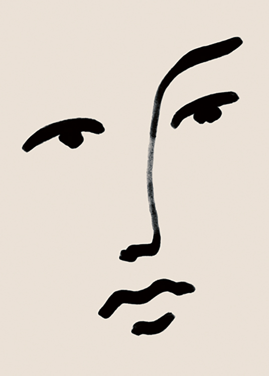  – Illustration avec des yeux, un nez et des lèvres en art linéaire noir sur un fond beige