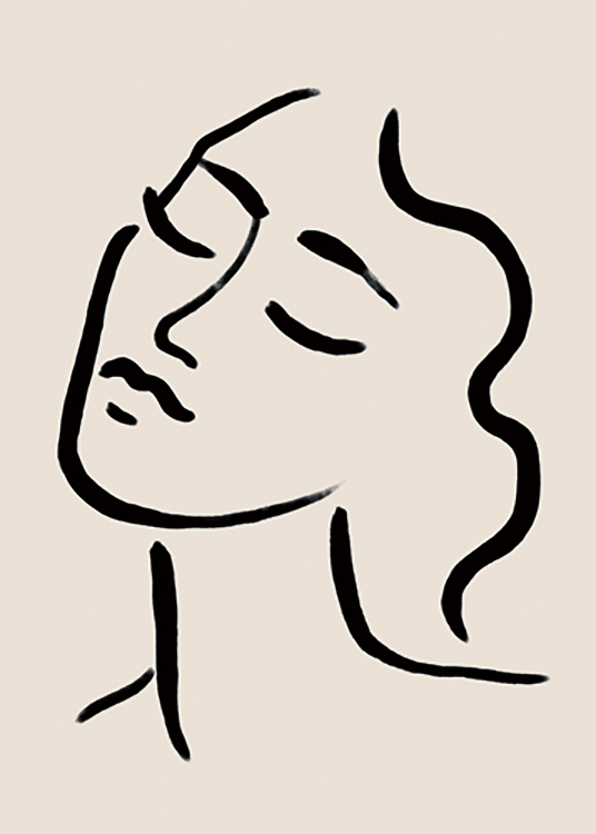  – Illustration d’une femme dessinée en art linéaire noir avec les yeux fermés, sur un fond beige