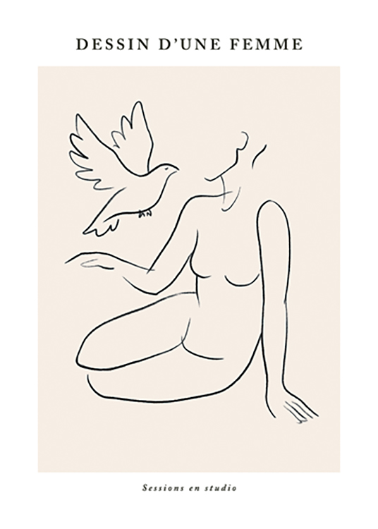  – Illustration en art linéaire d’une femme assise et d’une colombe, avec du texte au-dessus et en dessous