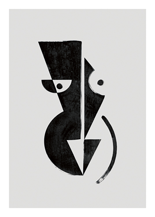  – Illustration graphique avec un corps abstrait noir constitué de formes géométriques sur un fond gris