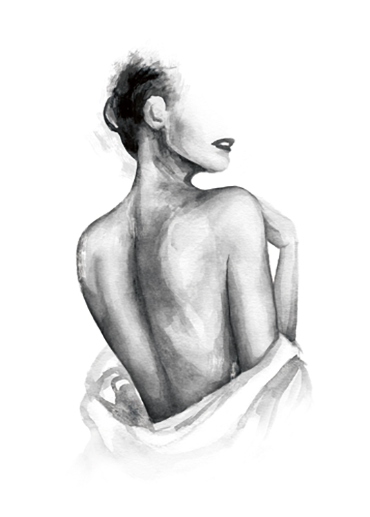  – Peinture à l’aquarelle du dos d’une femme nue avec une chemise enroulée autour de la taille