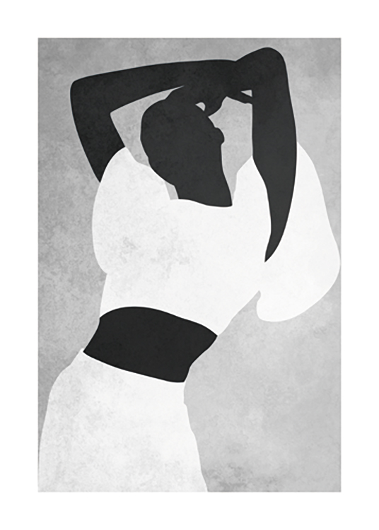  – Illustration graphique d’une femme dans des vêtements blancs avec les bras au-dessus de la tête, sur un fond gris