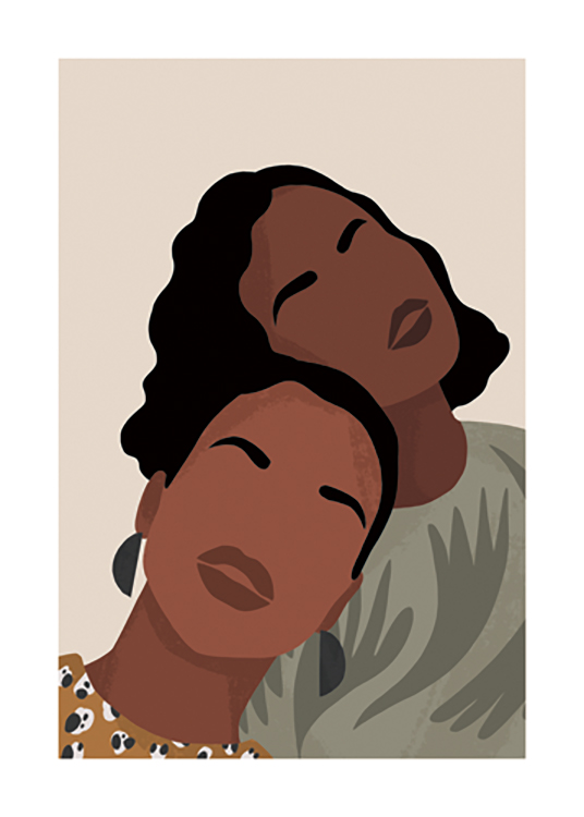  – Illustration graphique avec deux femmes portant des hauts à motifs et des cheveux noirs appuyées l’une sur l’autre
