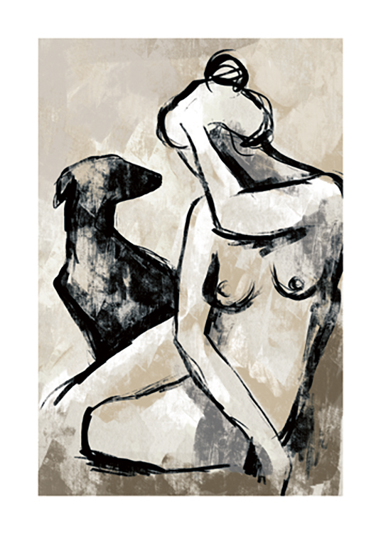  – Illustration avec une femme nue assise à côté d’un chien sur un fond beige