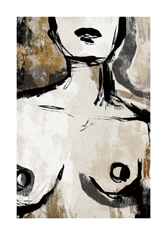  – Illustration de la poitrine et du cou dénudés d’une femme en beige et noir sur un fond marron et beige