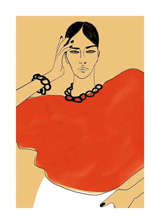  – Illustration graphique d’une femme avec la main contre la tempe, portant une chemise rouge et des bijoux noirs