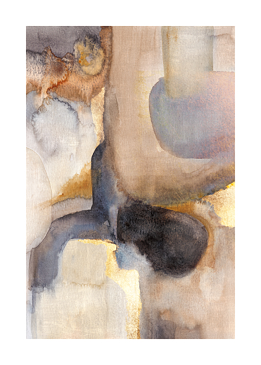  – Peinture abstraite à l’aquarelle beige, marron et bleue avec des détails dorés