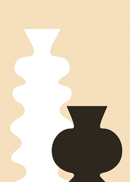  – Illustration graphique de deux vases noirs et blancs avec des silhouettes courbes, sur un fond jaune