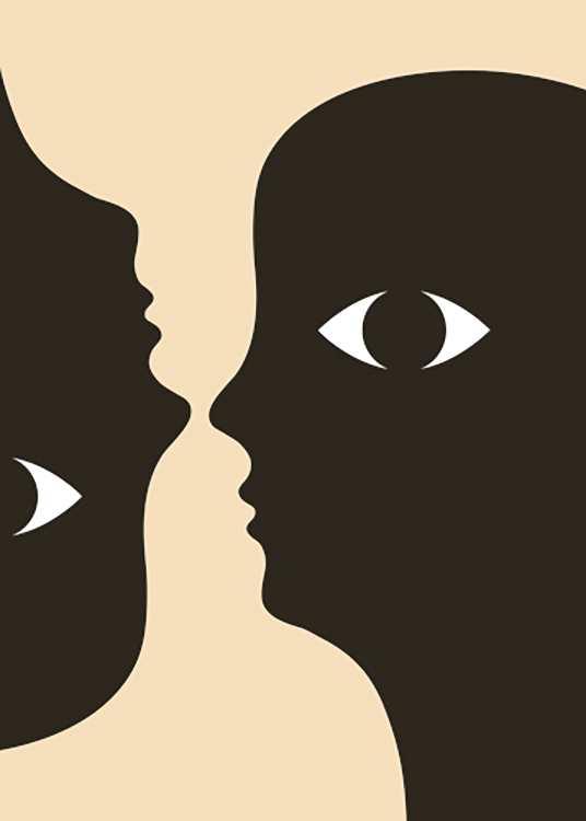  – Illustration graphique de deux silhouettes de visage noires avec des yeux sur les côtés, sur un fond jaune