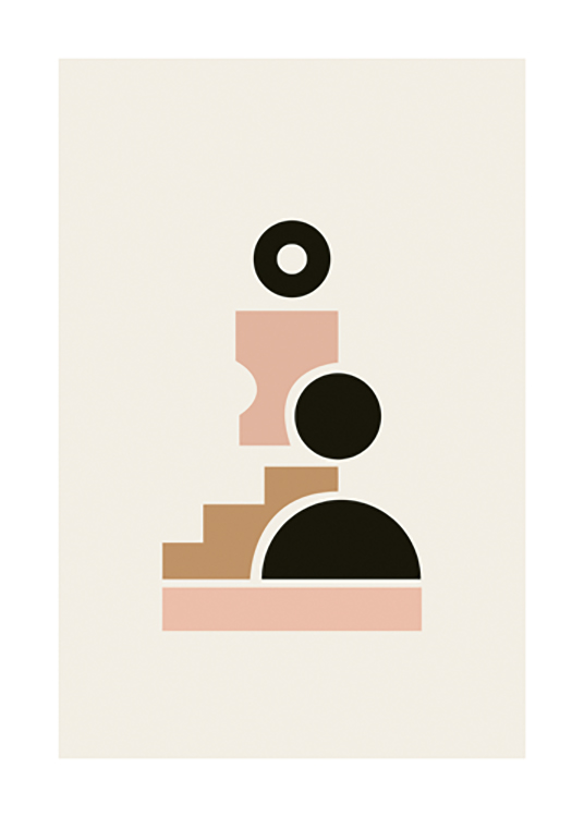 – Illustration graphique avec des formes géométriques en noir, marron et rose formant une figure sur un fond beige clair