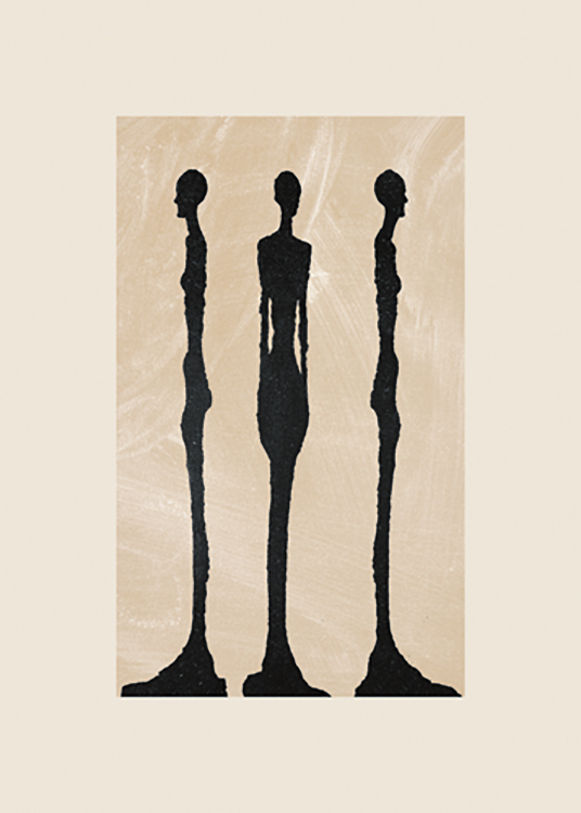  – Illustration graphique avec trois sculptures noires l’une à côté de l’autre, sur un fond beige