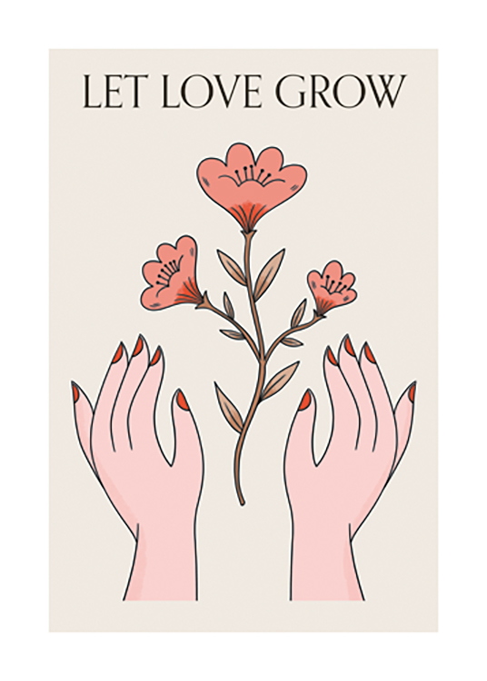  – Illustration graphique de fleurs rouges entre deux mains sur un fond beige, avec du texte au-dessus
