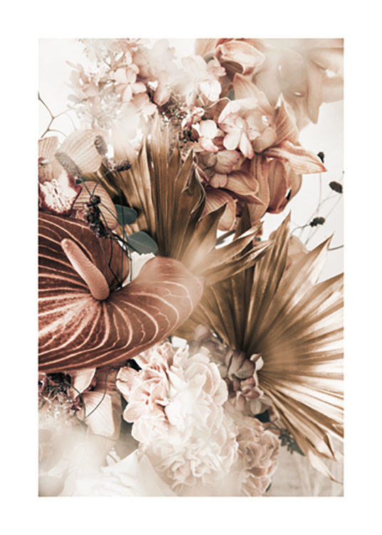  – Photographie en gros plan d’un bouquet de fleurs en blanc, rose et marron