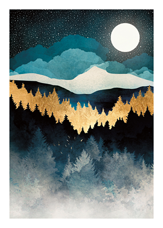  – Illustration graphique d’une forêt avec des arbres dorés et bleus, avec une lune et des étoiles à l’arrière-plan