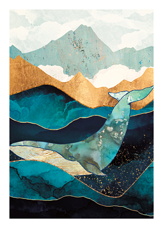  – Illustration graphique d’une baleine en or et bleu, entourée par des vagues d’océan en bleu et or
