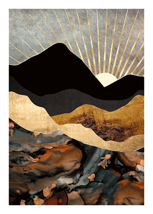  – Illustration graphique de montagnes dorées et noires avec un coucher de soleil doré à l’arrière-plan