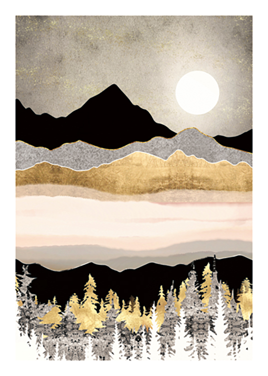  – Illustration graphique d’un paysage hivernal en gris, or et noir avec une lune blanche à l’arrière-plan