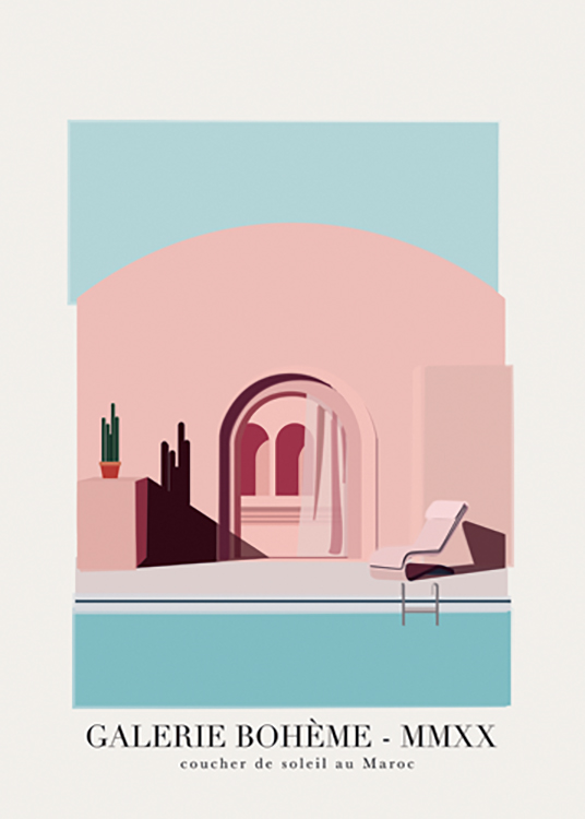  – Illustration graphique d’une piscine devant une maison rose avec du texte en bas