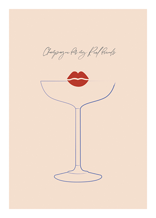  – Illustration de lèvres rouges et d’un verre à martini bleu avec du texte au-dessus, sur un fond beige