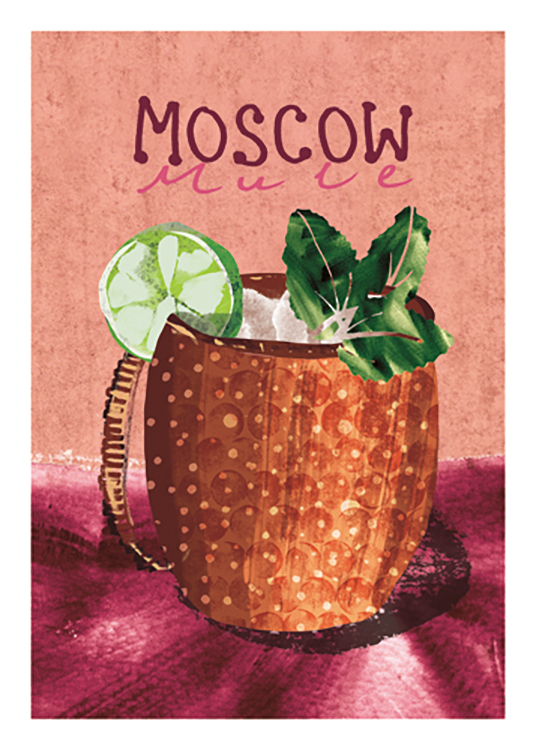  – Illustration d’une chope en cuivre avec un citron vert et des feuilles de menthe, et le texte « Moscow Mule »