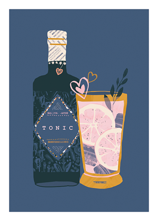  – Illustration graphique d’une bouteille de Tonic et d’un verre avec une boisson rose