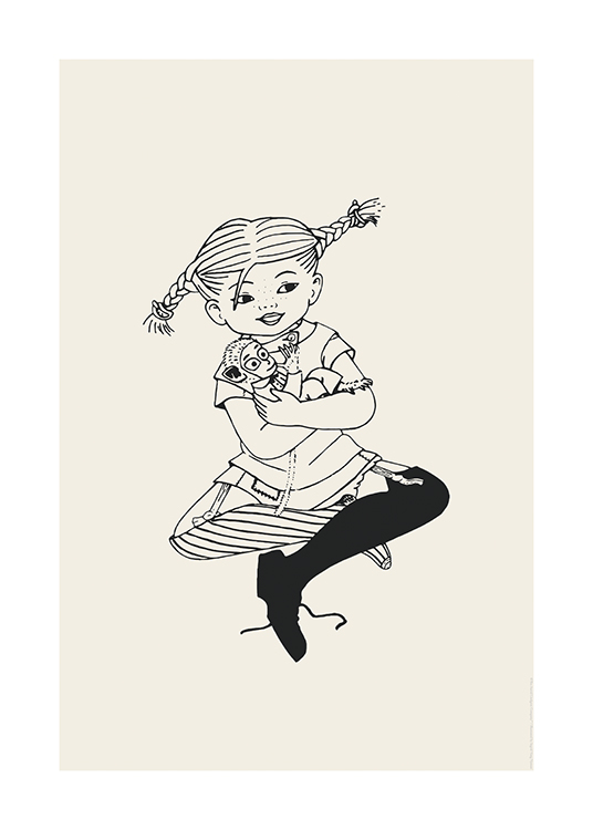  – Illustration de Fifi Brindacier assise avec les jambes croisées et son singe dans les bras