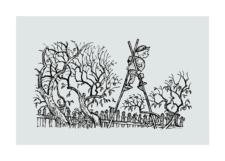  – Illustration en noir de Zozo la tornade marchant sur des échasses, avec une clôture et des arbres autour de lui