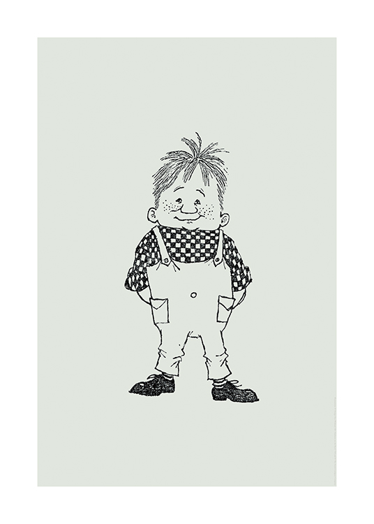 – Illustration du personnage Karlsson sur le toit, portant une chemise à carreaux et une salopette