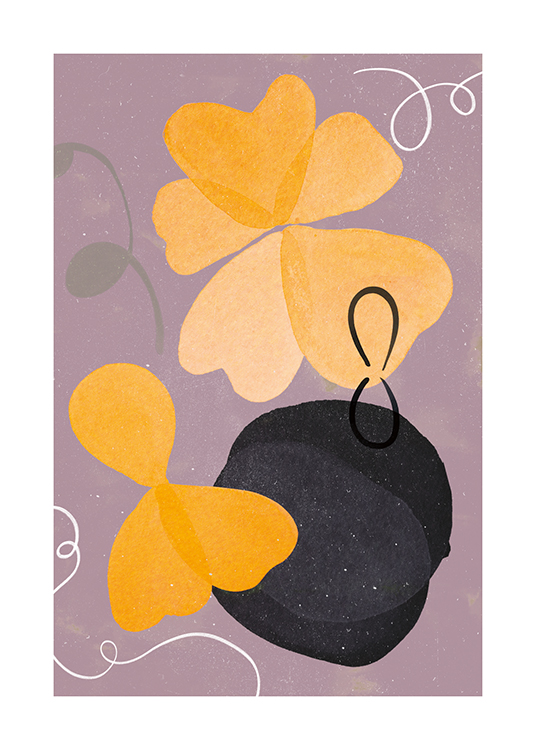  – Illustration abstraite avec des fleurs jaunes et noires sur un fond violet